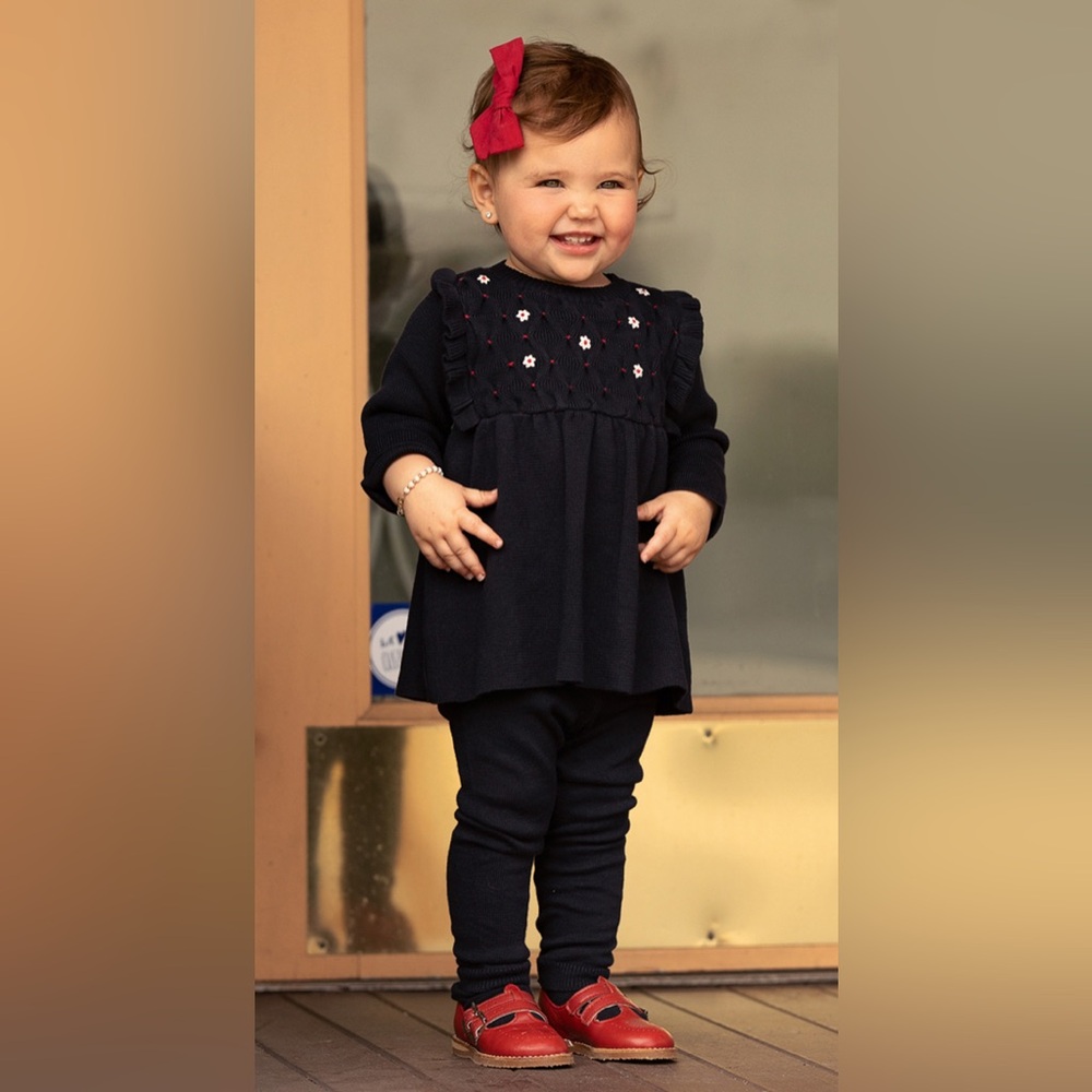 Navy Blue Sweater with Puffy Sleeves and Smocked Detail